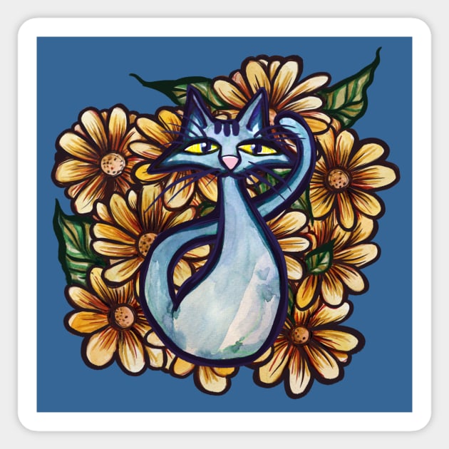 Blue Cat Feline Amongst Flowers Sticker by bubbsnugg